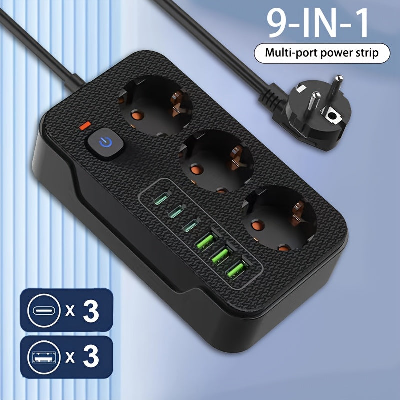 Multifunctional Power Strip with 3 Outlets 3 USB-A 3 Type-C Short Circuit Protection