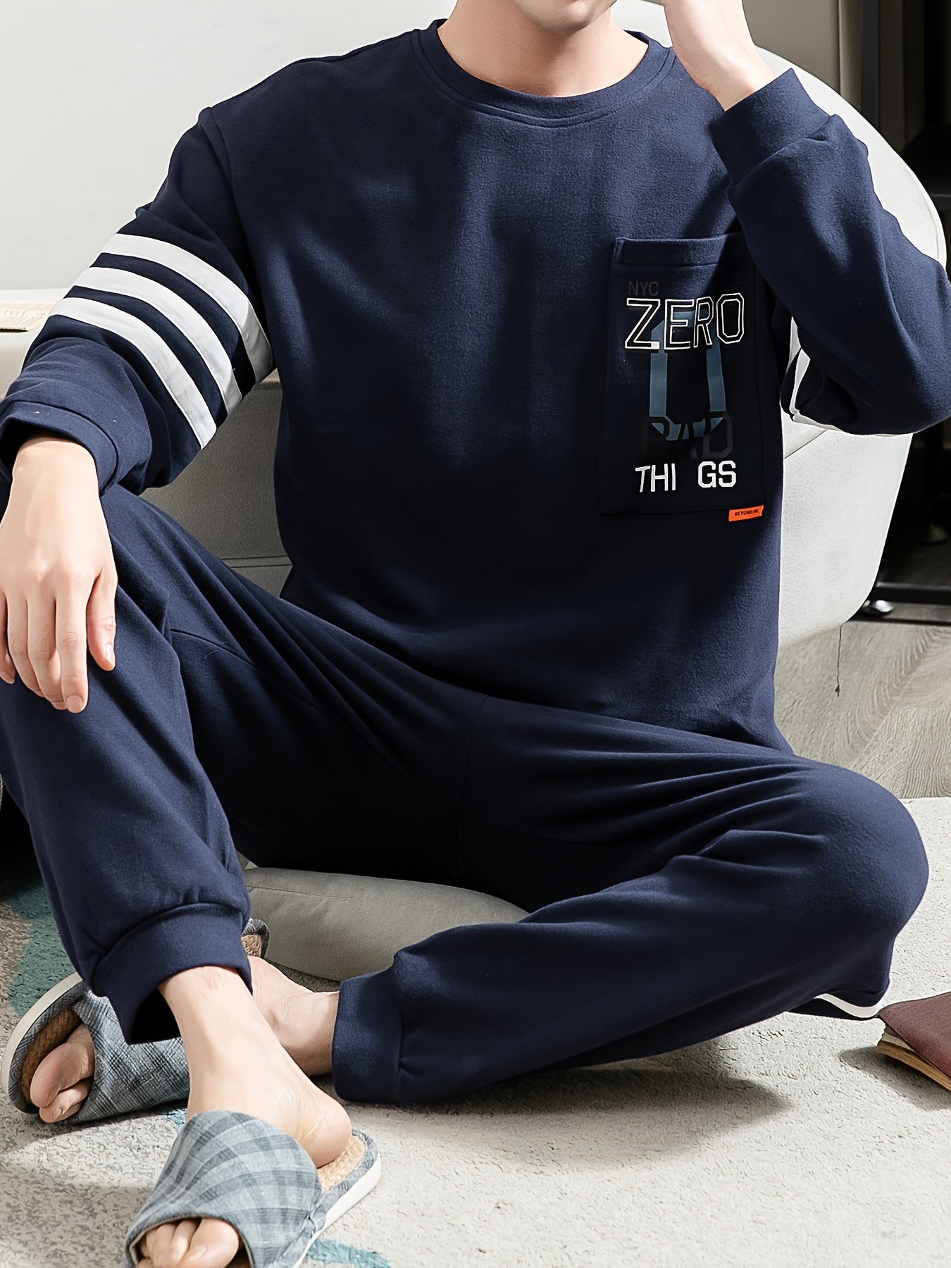 Men's Cotton Pajama Set with Letter Graphic Print Long Sleeve Crew Neck Top and Loose Pants for Spring and Fall