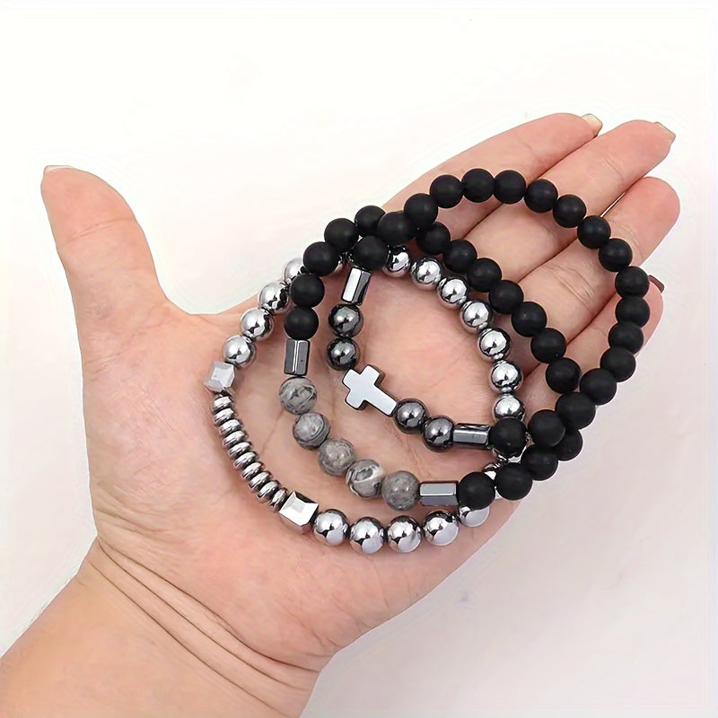 Matte Beaded Bracelet Set with Stone Cross Pendants Stylish Jewelry Gift