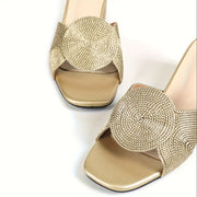 Women's Mid-Heel Sandals Golden Linen-Woven Open Toe Slip-On Rubber Sole