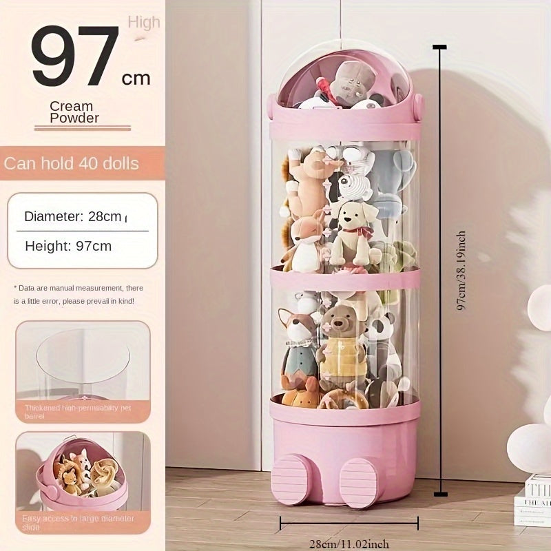 Qoplamali, dumaloq plastik qiziquvchi quti, qopqog' bilan. Yumshoq o'yinchoqlar, qiziquvchilar va turli xil buyumlar uchun ideal. Uy tashkiloti va sovg'alar uchun mukammal, shuningdek, bayram bezaklari uchun ham foydalanish mumkin.