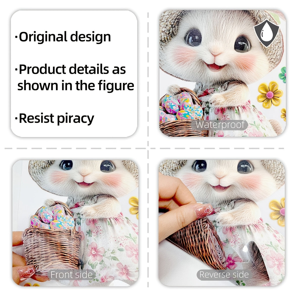 Paskha quyon va tuxumlar gullli deraza yopishtirishi 20x30cm qayta ishlatiladigan PVC yopishtiruvchi bezak