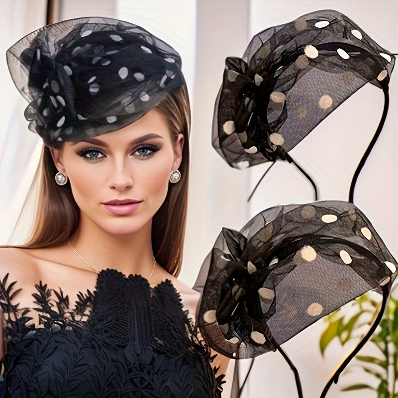 Wide-Brim Headband with Polka Dot Mesh and Bow for Summer Events