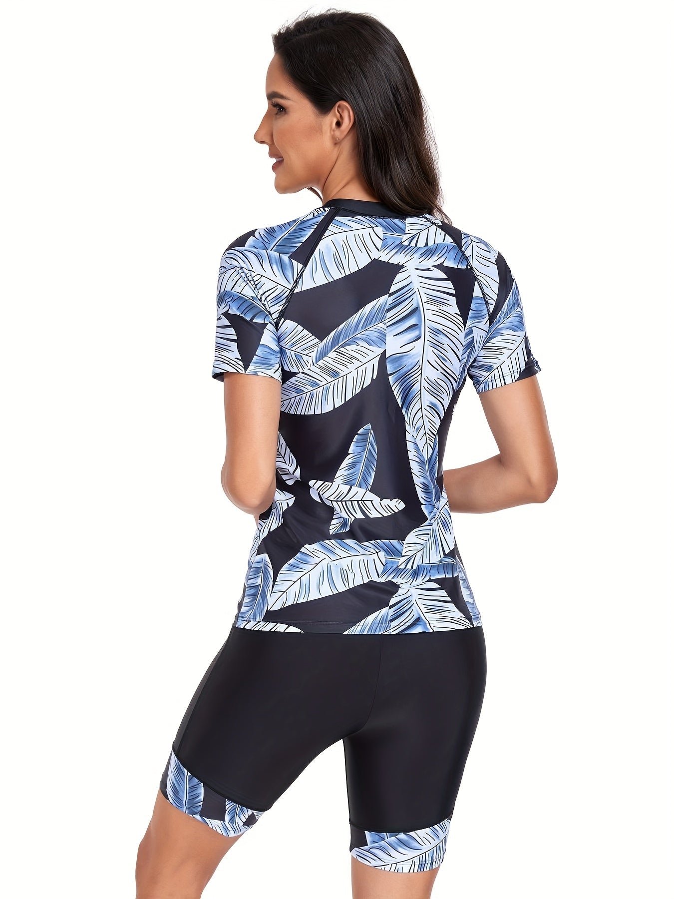 Women's Leaf Print Swimsuit Two-Piece Short Sleeve Zipper Boxer Swimwear
