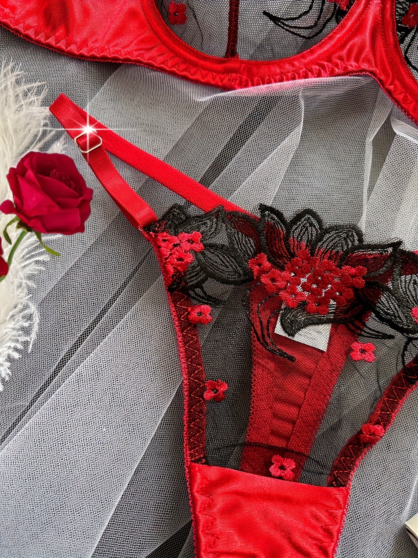 Women's Floral Embroidered Mesh Lingerie Set with Medium Support for Dating and Parties