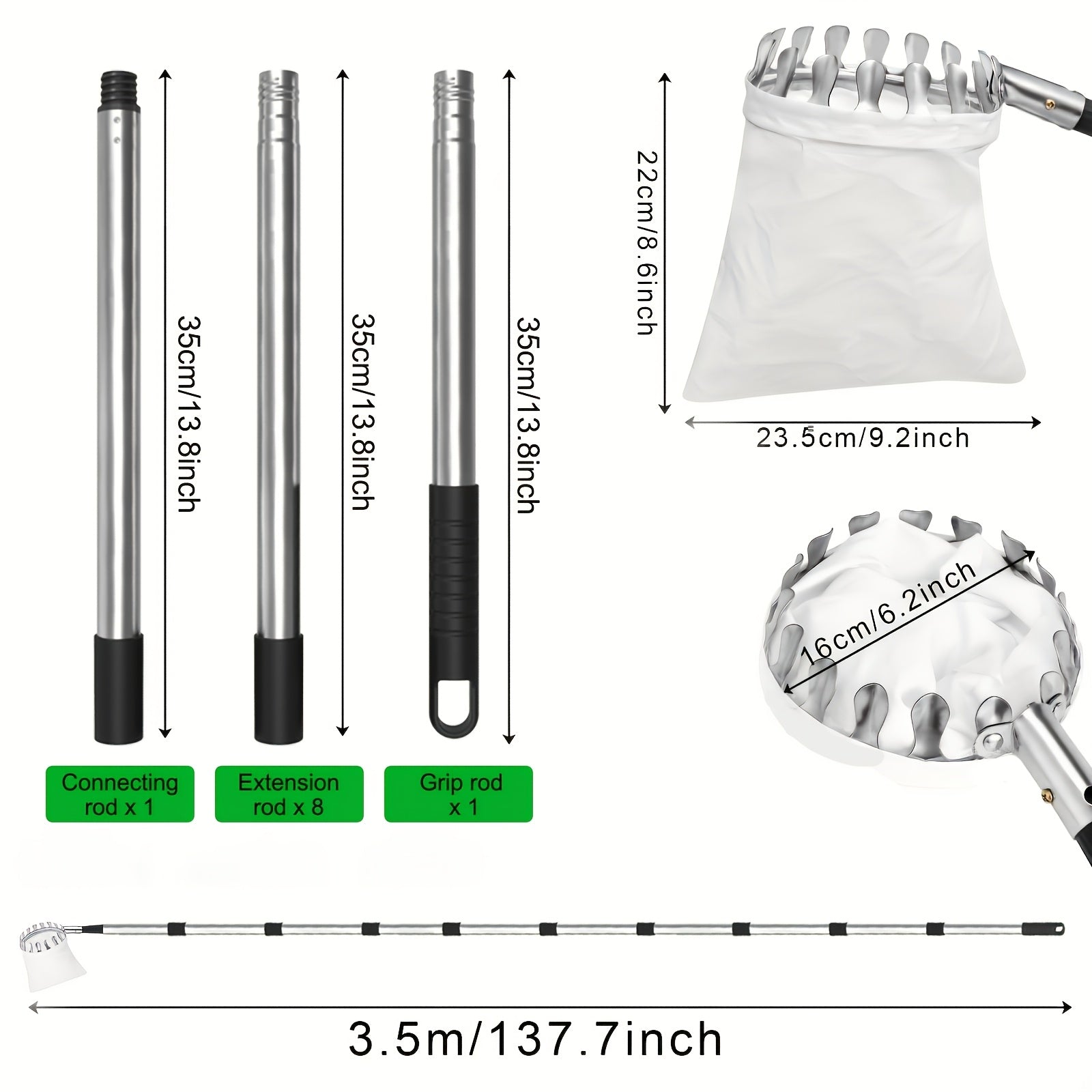 Adjustable 3.35m Stainless Steel Fruit Picker Pole with Large Non-Woven Basket