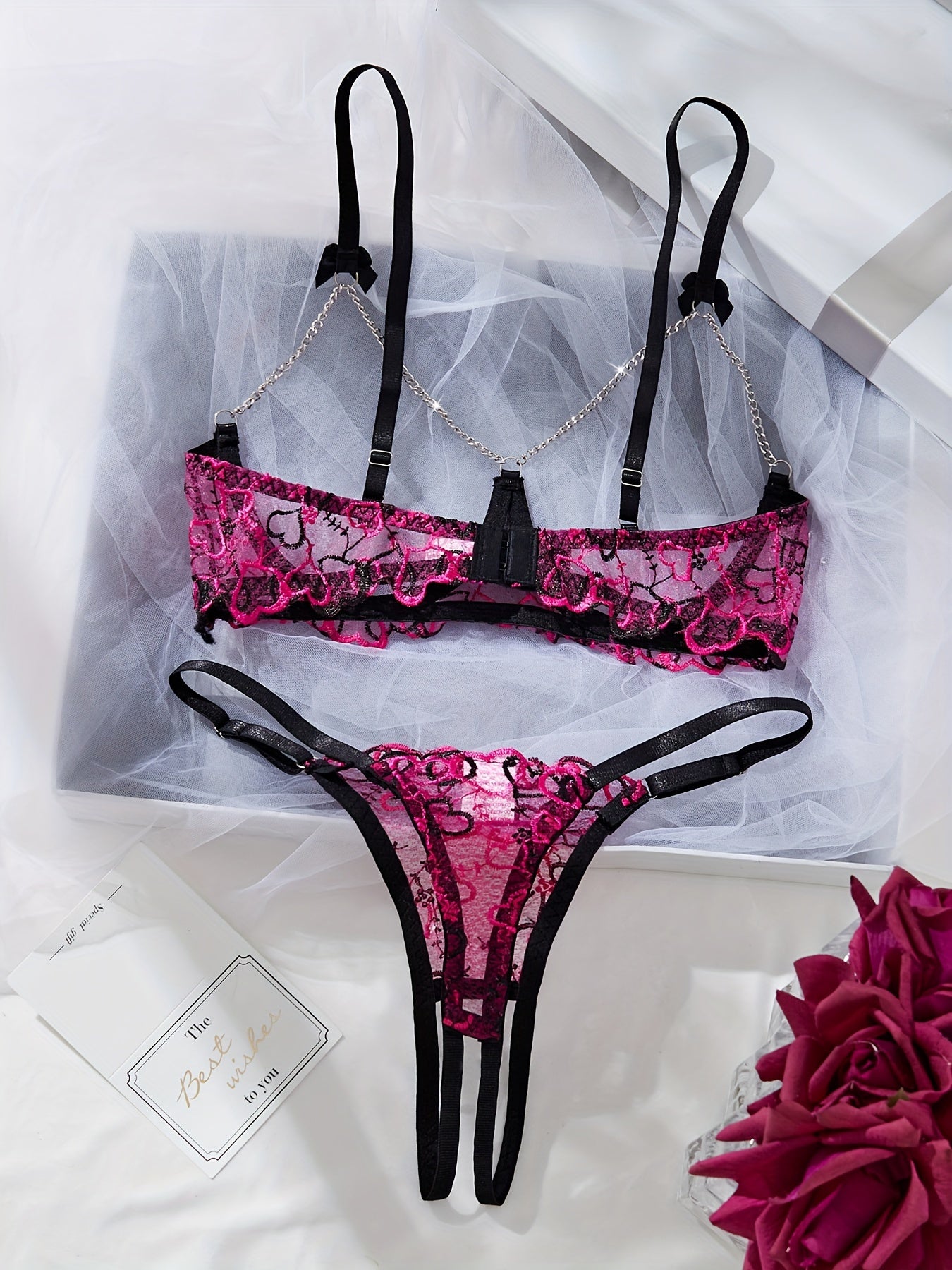 Pink and Black Lace Lingerie Set with Chain Details for Special Occasions
