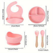 Силиконовый набор для кормления детей и малышей 0-3 года - включает в себя присоску, тарелку, регулируемый нагрудник, ложку и вилку - без BPA, ПВХ и фталатов - безопасен для микроволновой печи и духовки - идеален для самостоятельного кормления.