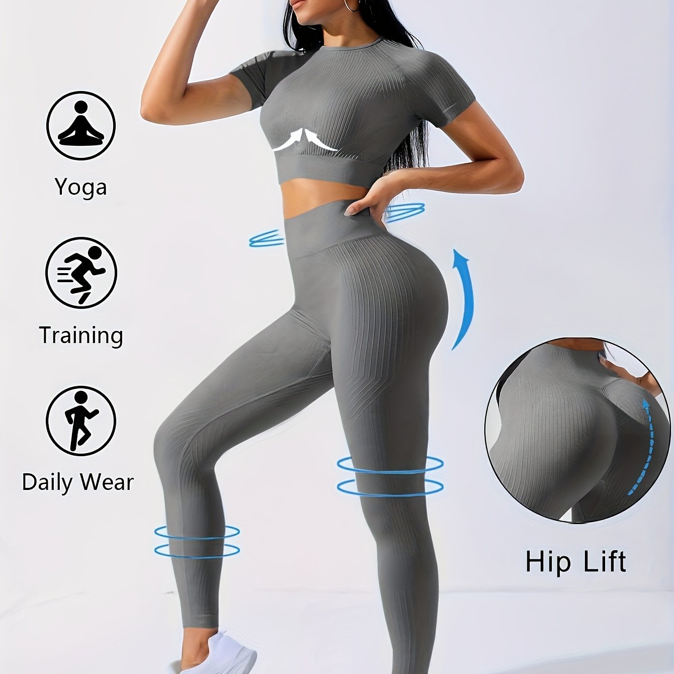 Ayollar uchun 2 ta sport to'plami: yoga bluzkasi va sport legginslari.