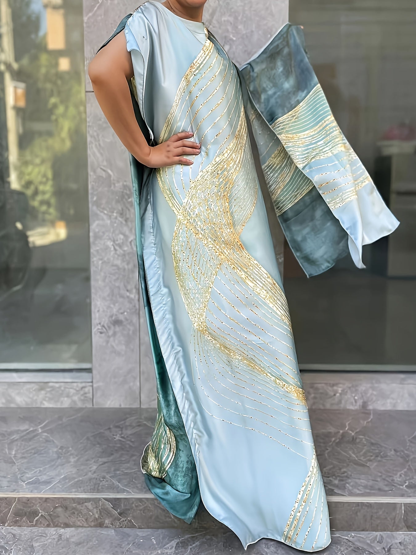 Plus Size Floral Maxi Dress with Scarf Light Blue Gold Short Sleeve Summer