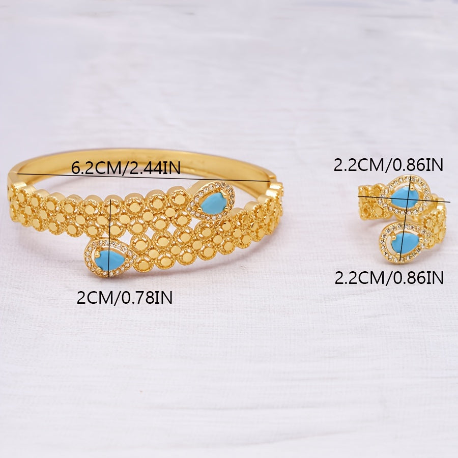 Women’s Bohemian Jewelry Set with Turquoise Copper Bracelet and Ring for Summer Gift