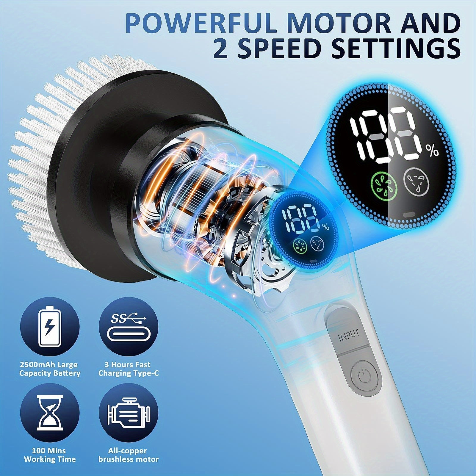 8 ta cho'tka boshli elektr aylantiruvchi cho'tka, ikki tezlik sozlamalari, sozlanadigan tutqich va ajratiladigan tutqich. Hammom, oshxona, yashash xonasi va pol tozalash uchun qulay foydalanish uchun USB orqali zaryadlanadigan litiy batareyasi mavjud.