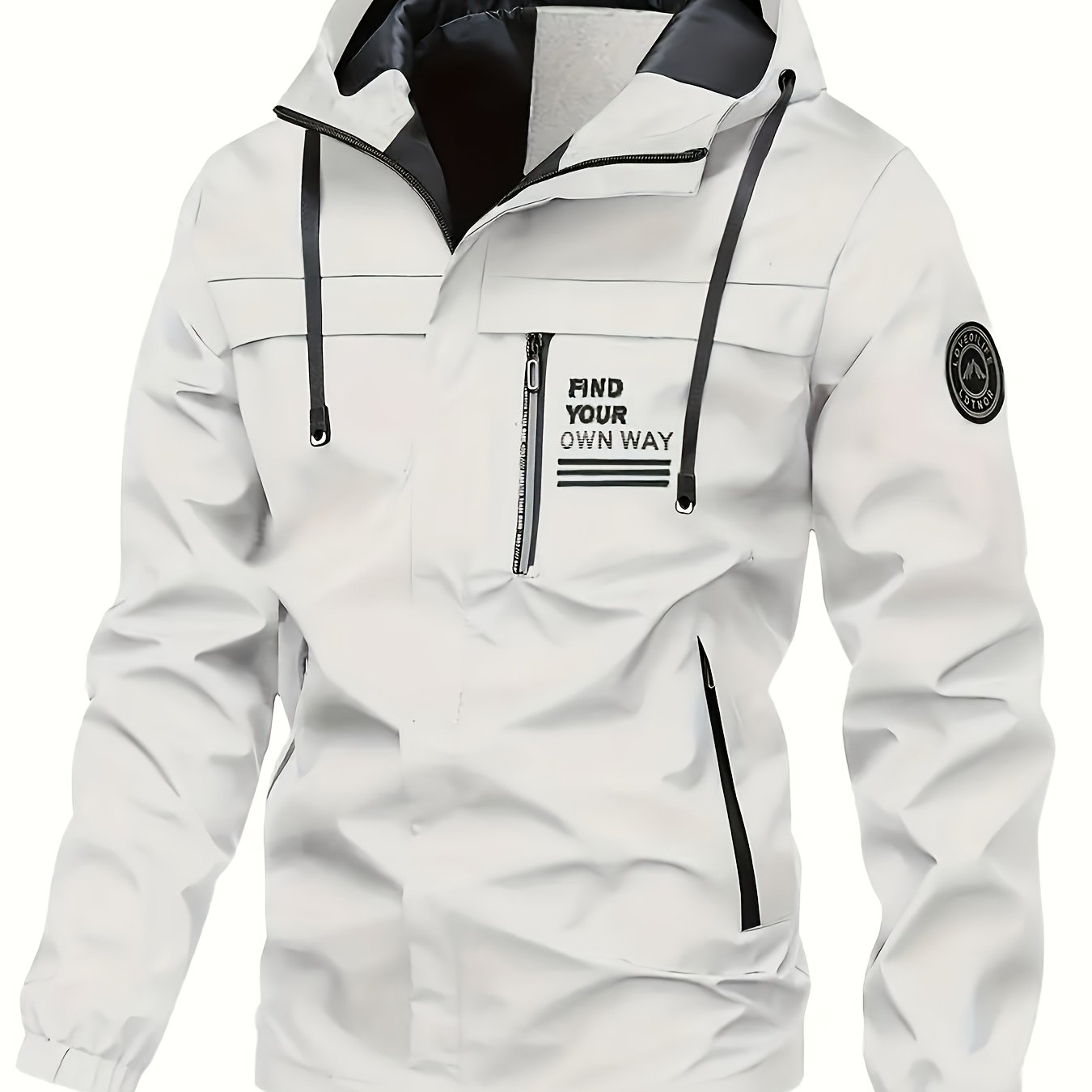 Men's Lightweight Polyester Windbreaker Hoodie with Zipper Pockets and Elastic Cuffs