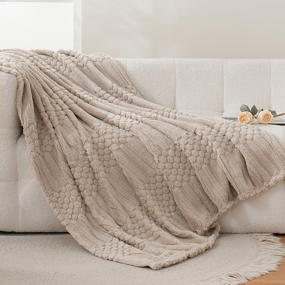 Soft Apricot Taffeta Throw Blanket with Jacquard Dot Stripe for Cold Seasons