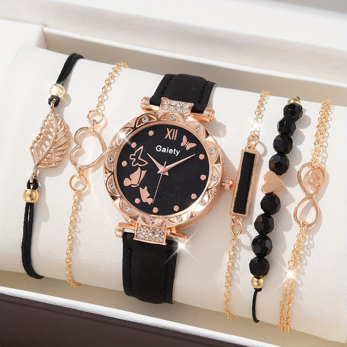 6 dona ayollar uchun pushti yurak dizayni soatlari bilan rhinestones va mos keladigan bilakuzuklar to'plami