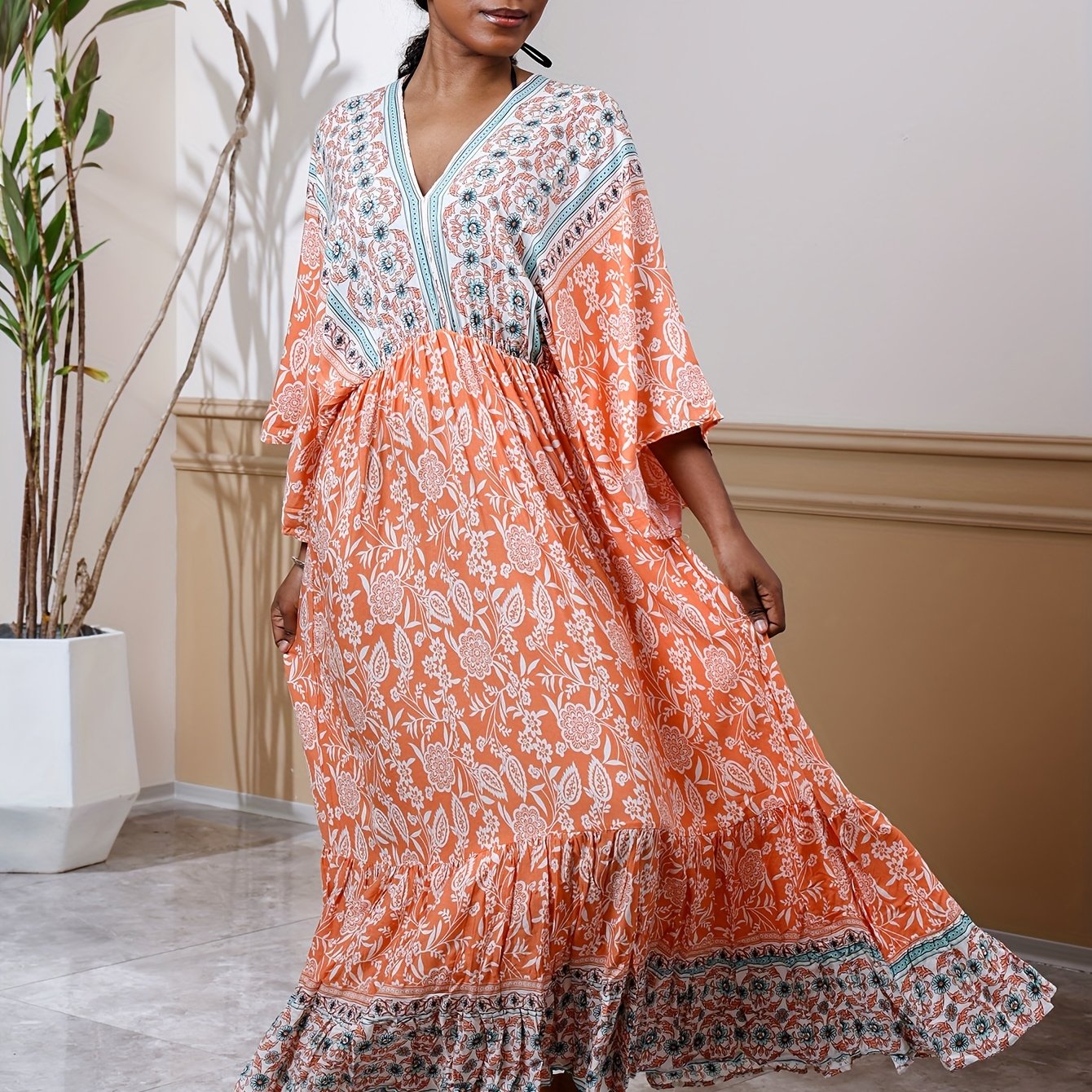 Plus Size Women's Bohemian Maxi Dress Vibrant Orange Blue Floral V-Neck