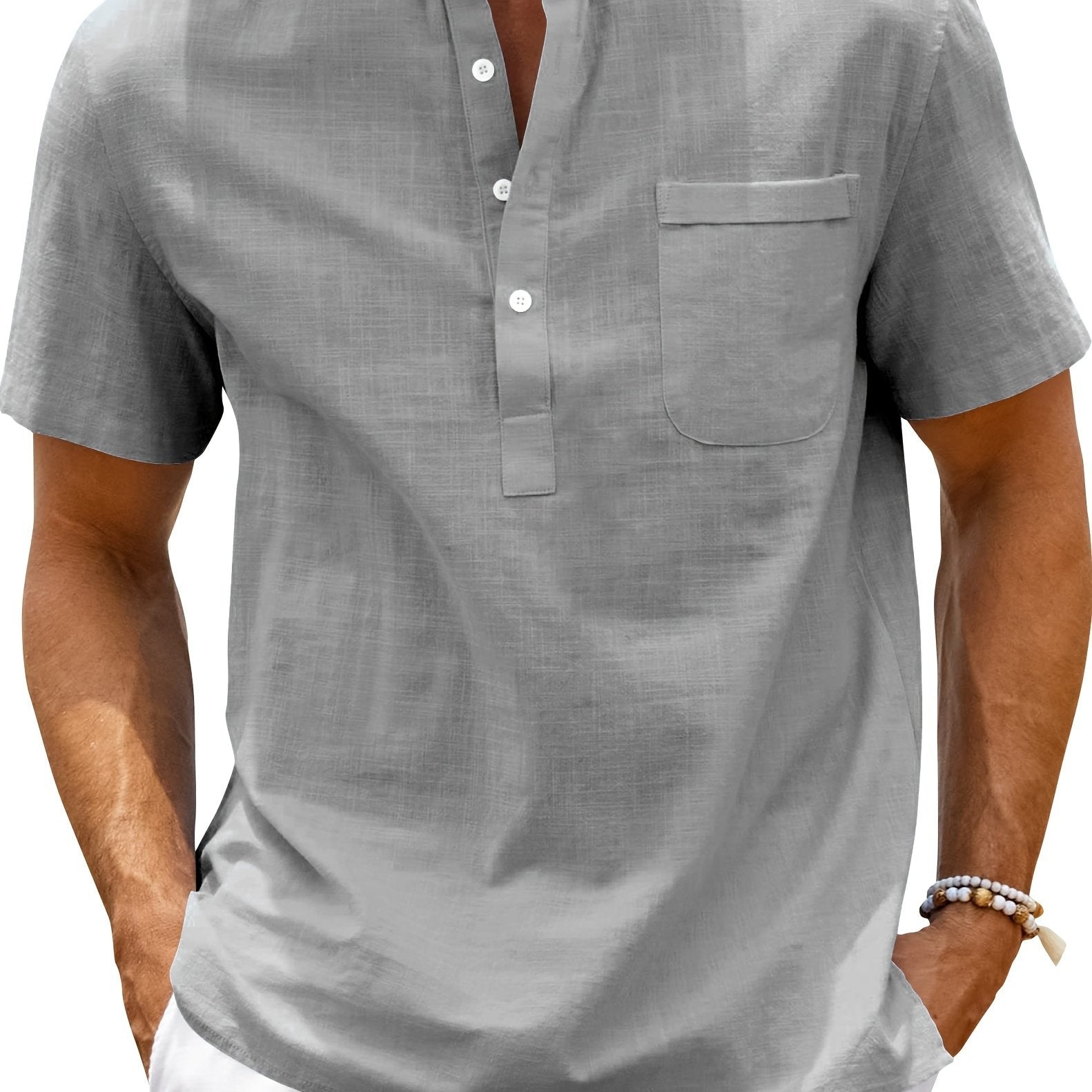 Men's Cotton Short Sleeve Shirt with Stand Collar and Pocket for Summer Beach Vacation