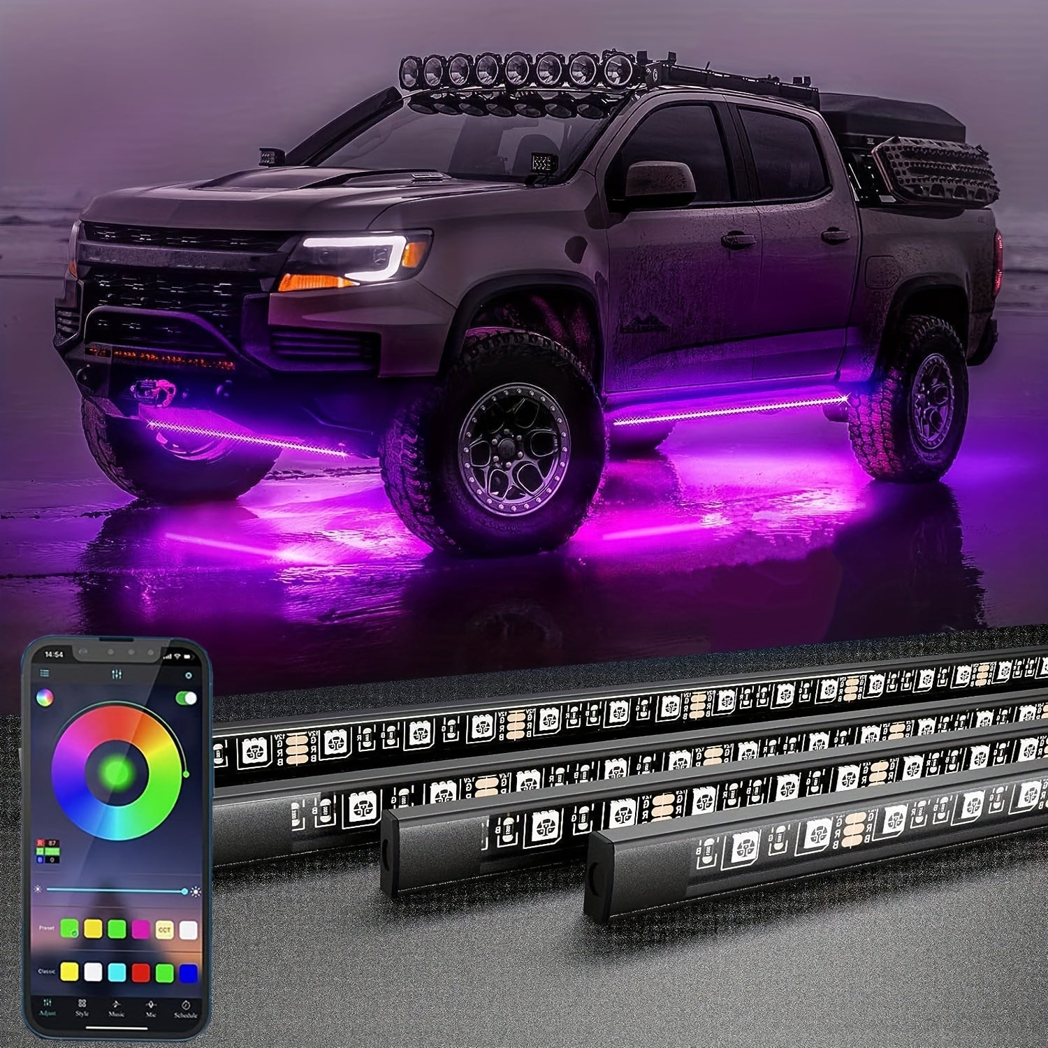 4pcs Car Under Glowing LED Strip Lights Kit App Controlled Music Sync