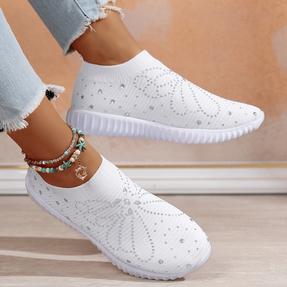 Women's Knit Low-Top Sneakers with Crystals, EVA Sole, Slip-On, All-Season