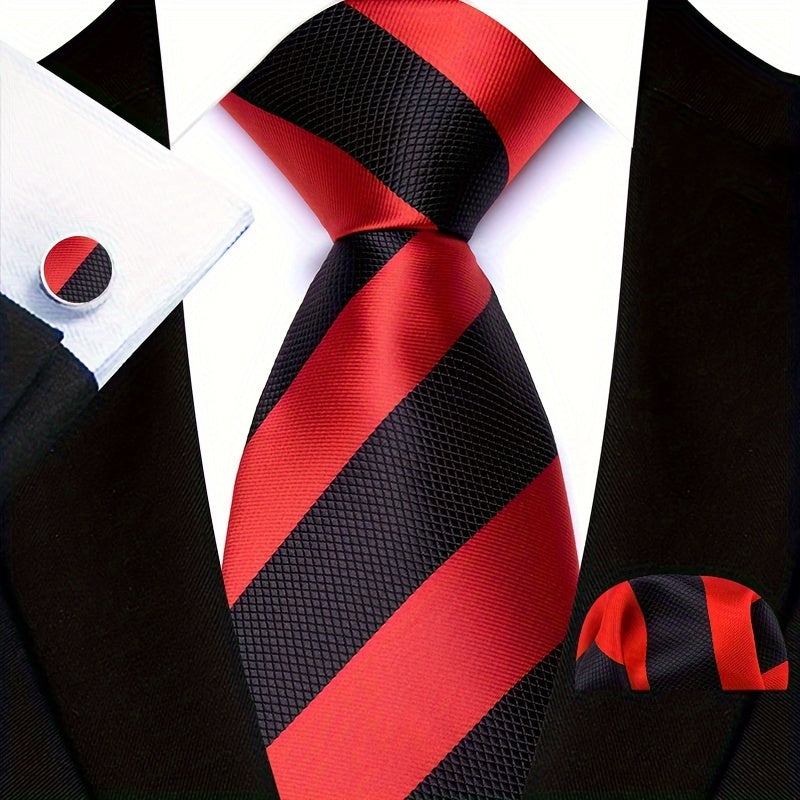 Men's Business Casual Tie Pocket Square Cufflinks Woven Multicolor Stripes Set for Grooms and Groomsmen