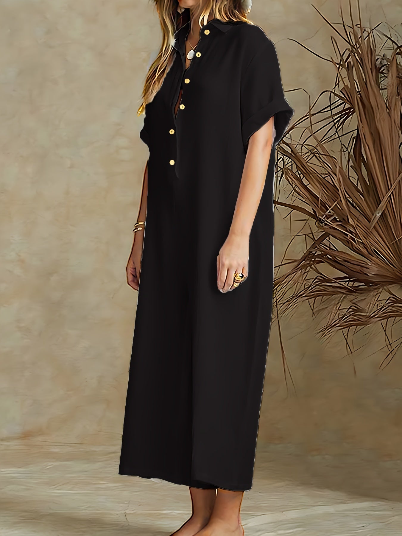 Plus Size Women's Red Jumpsuit with Button-Up Collar and Wide Legs