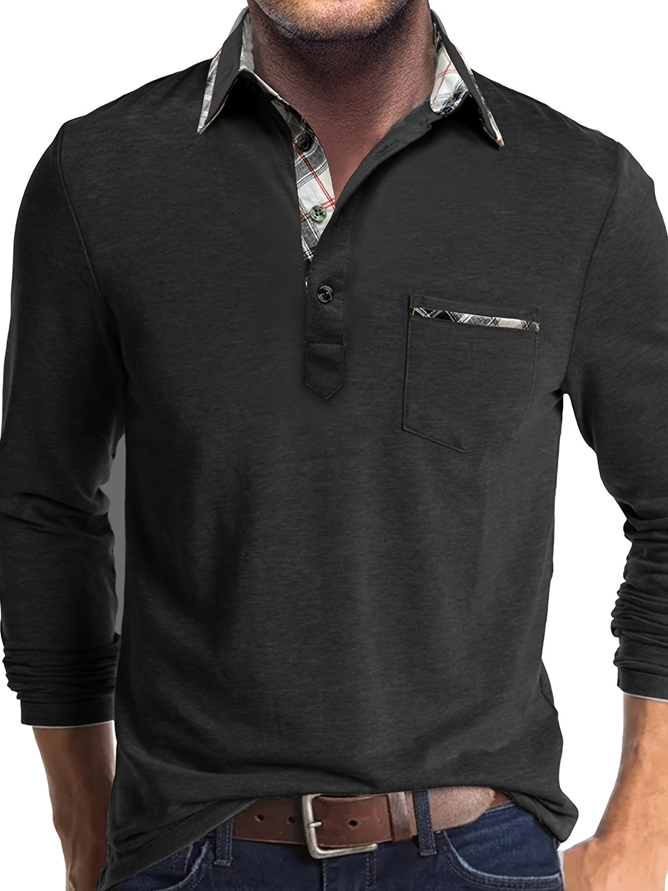 Men's Plus Size Long Sleeve Shirt with Chest Pocket in Beige Light Brown Plaid Casual Knit Fabric for Spring Fall