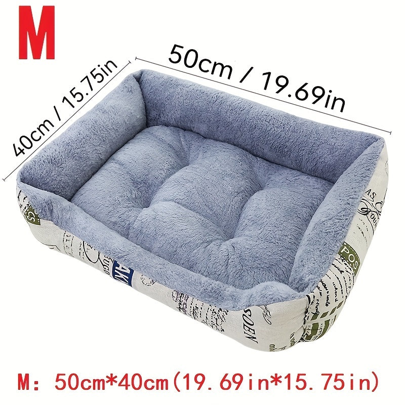 Light Blue Dog Bed with Newspaper Print Border for Small to Large Dogs All-Season Warmth and Comfort