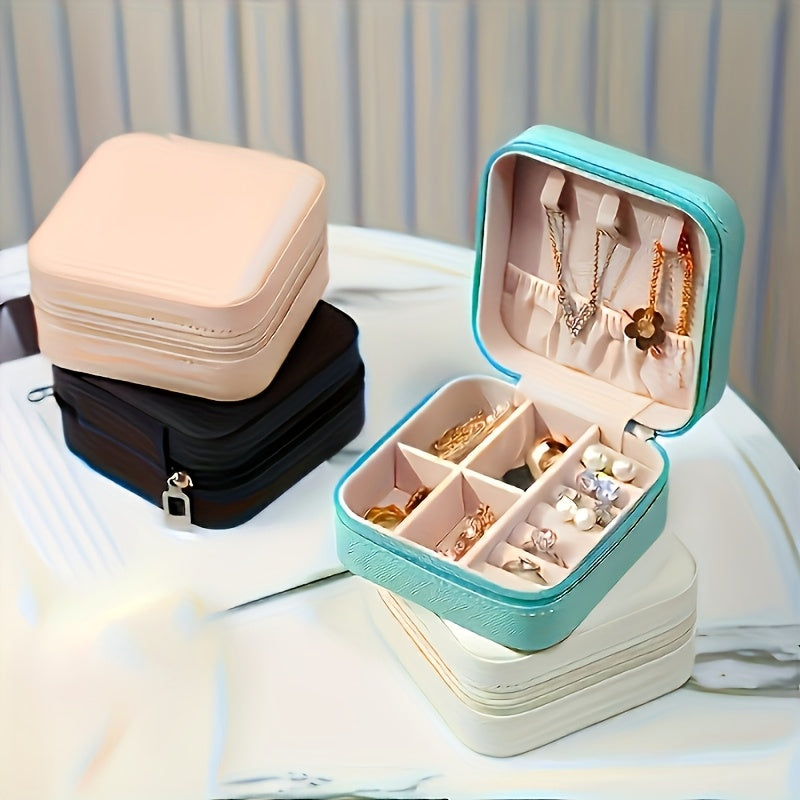 Faux Leather Jewelry Organizer Box for Travel with Compartments and Snap Closure