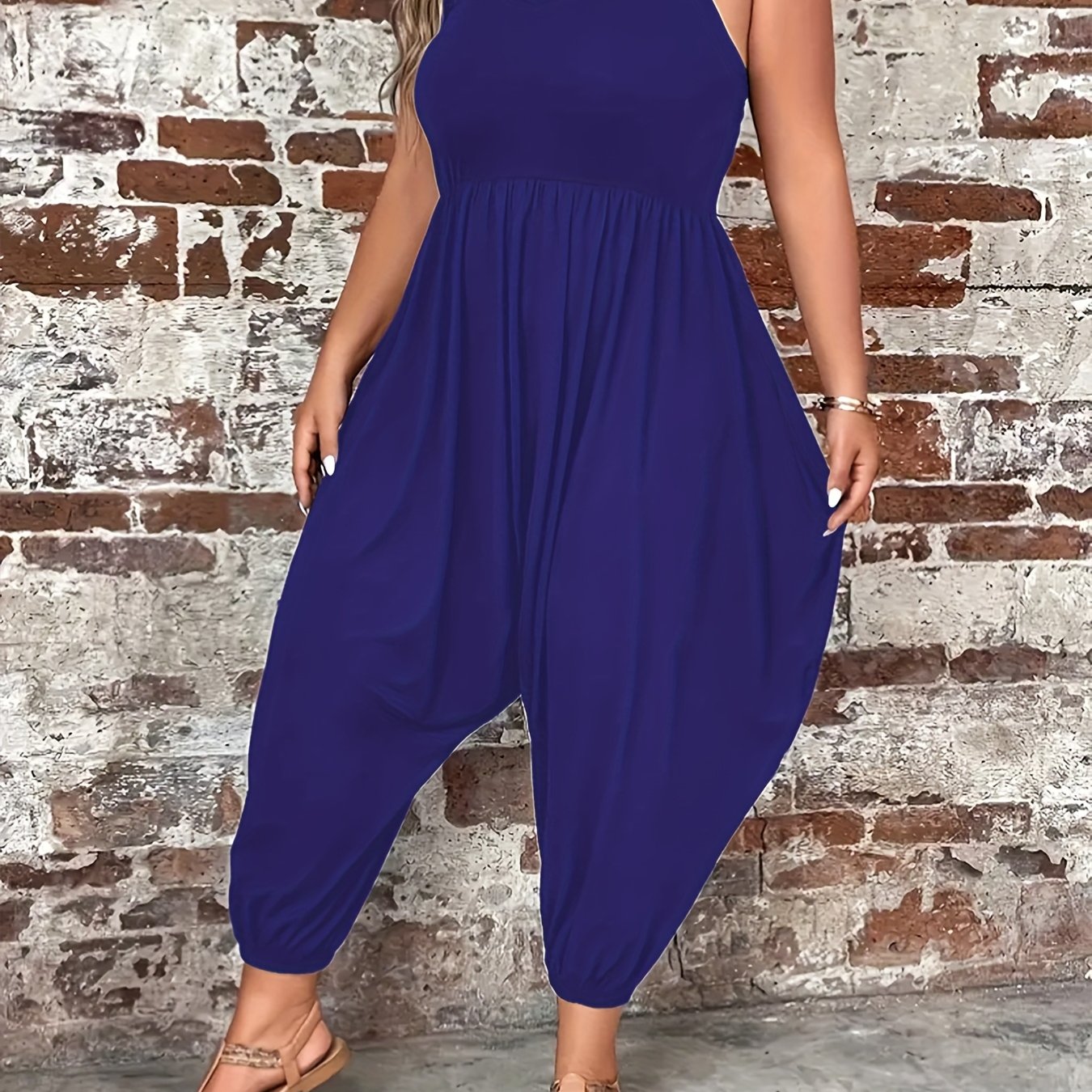 Plus Size Women's Sleeveless Jumpsuit V-Neck Wide Leg Solid Casual Summer