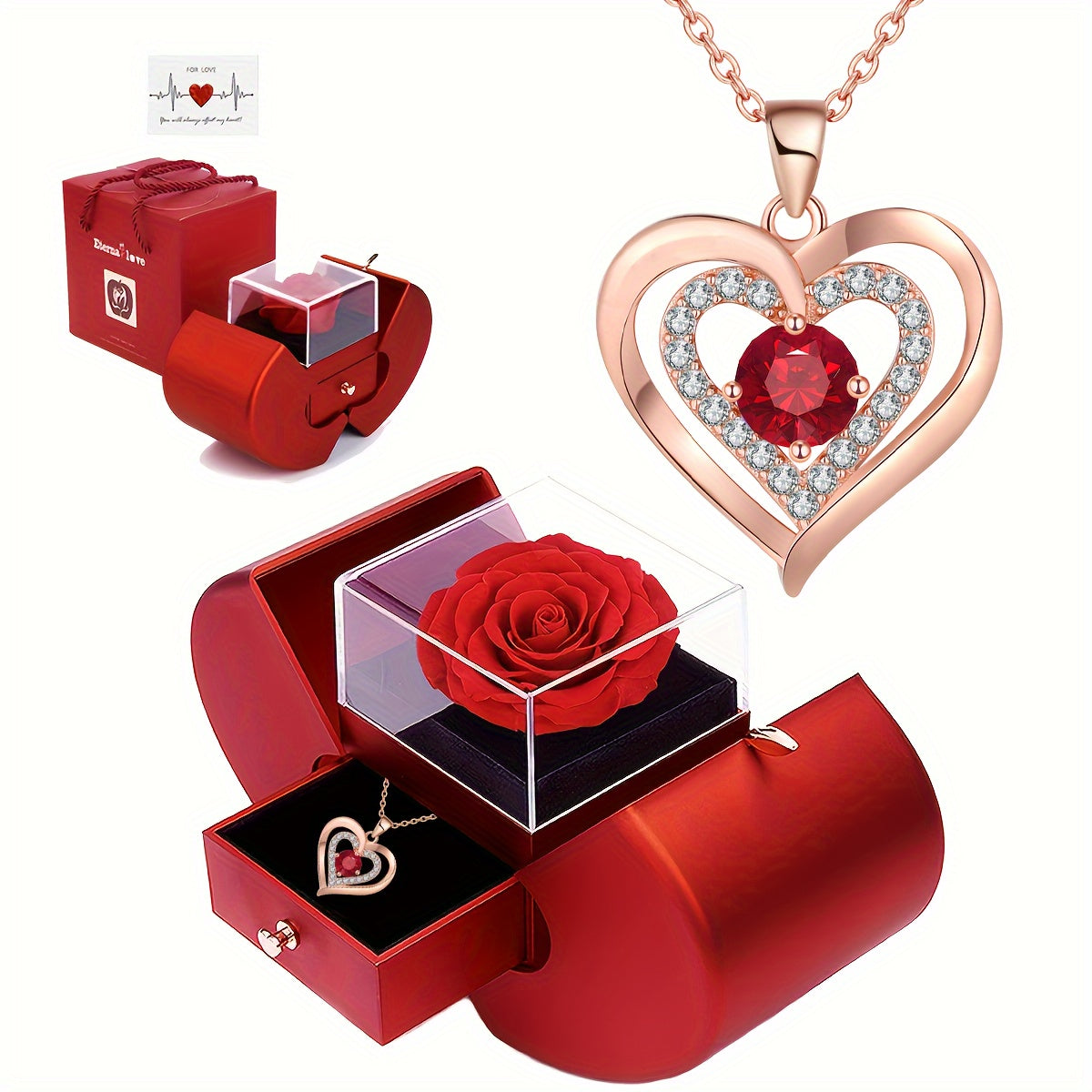Heart Necklace with Copper Synthetic Zirconia Pendant and Rose Box Set for Women