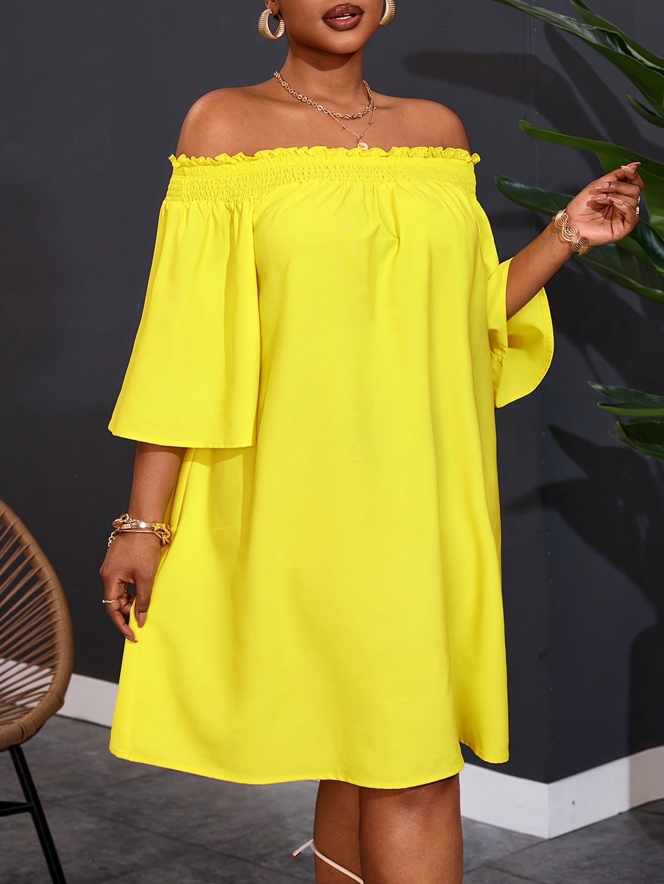 Plus Size Womens Off Shoulder Flared Hem Party Dress Yellow Casual Summer
