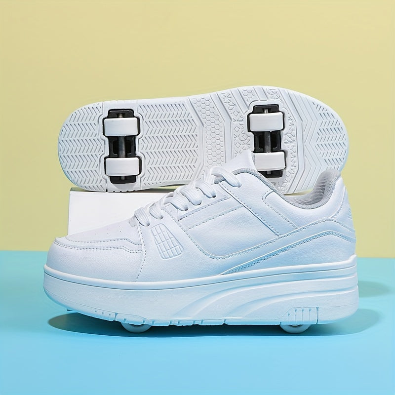 Kids Unisex Skateboard Shoes with Removable Roller Skates Plaid Fabric Low Top Sneakers for Boys and Girls Ages 14 and Under