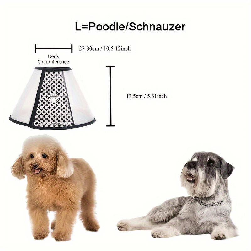 Moslashuvchan yumshoq itlar va mushuklar uchun Elizabethan bo‘yi, chizishdan himoya qilish va tishlashni oldini olish uchun qora chetli tikuv bilan