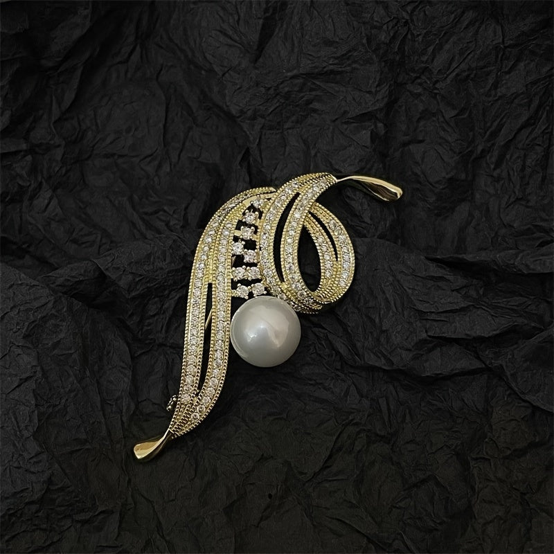 Elegant Alloy Brooch for Suit and Dress Embellishments with Rhinestones and Pearl Accent