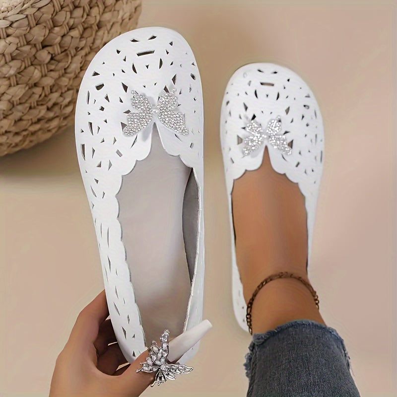 Zapatos planos para mujer para todas las estaciones con detalle de mariposa de diamantes y diseño de puntera redonda con orificio
