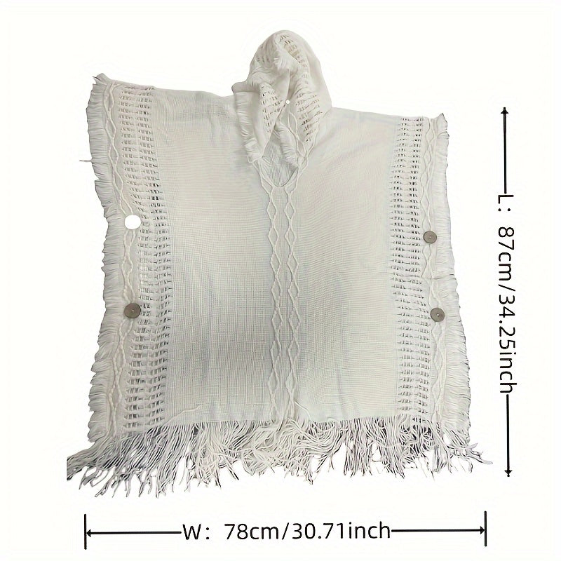 White Bohemian Style Fringed Hooded Poncho for Women Knitted Sweater Casual Shawl
