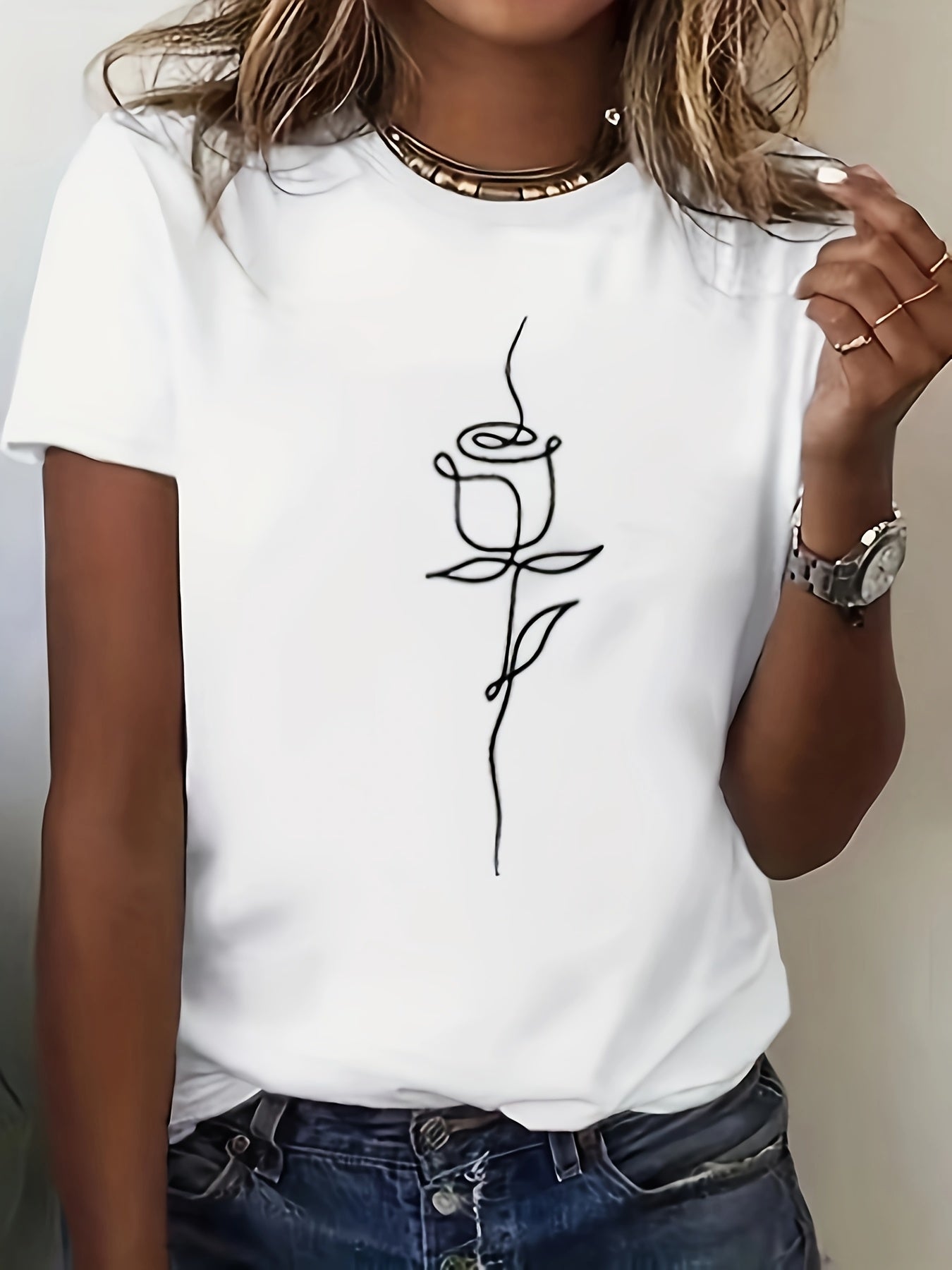 Women's Plus Size Rose Print Short Sleeve T-Shirt Breathable Summer Top