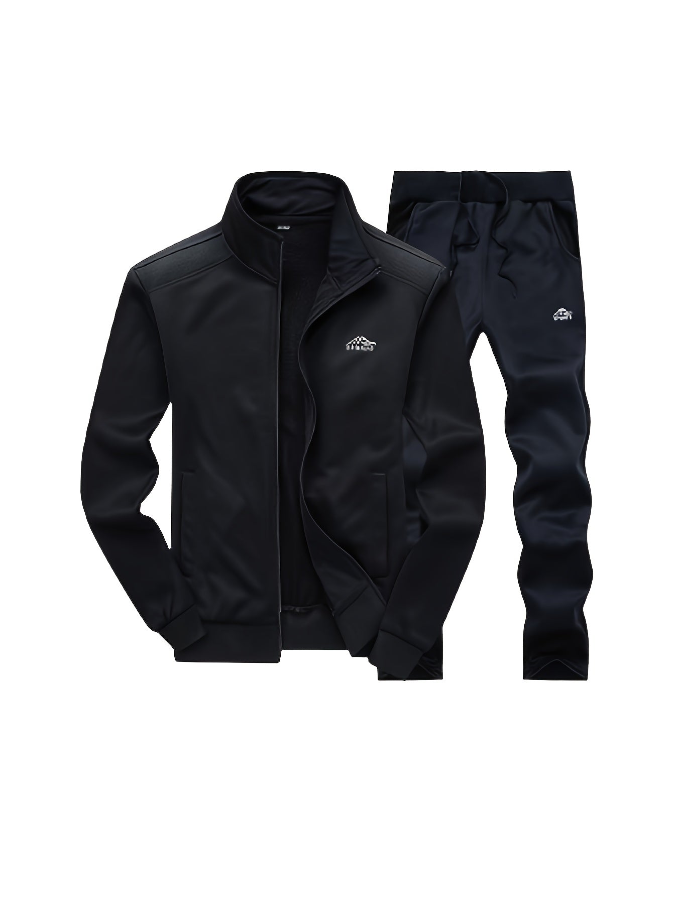 Men's Polyester Embroidered Sports Suit Set with Long Sleeve Zip-Up Jacket and Pants