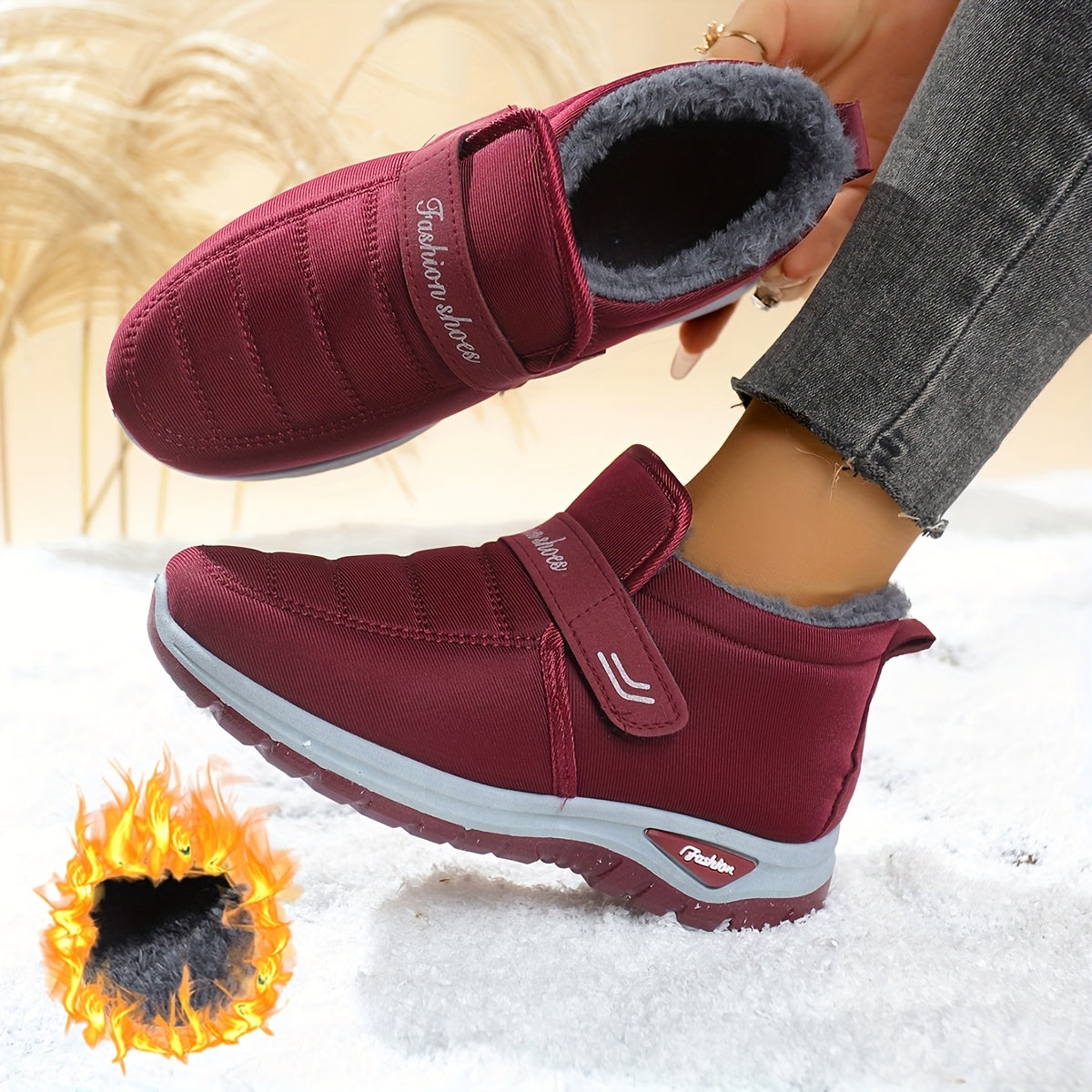 Women's Winter Ankle Boots Slip-On Non-Slip PVC Warm Lightweight Burgundy Black