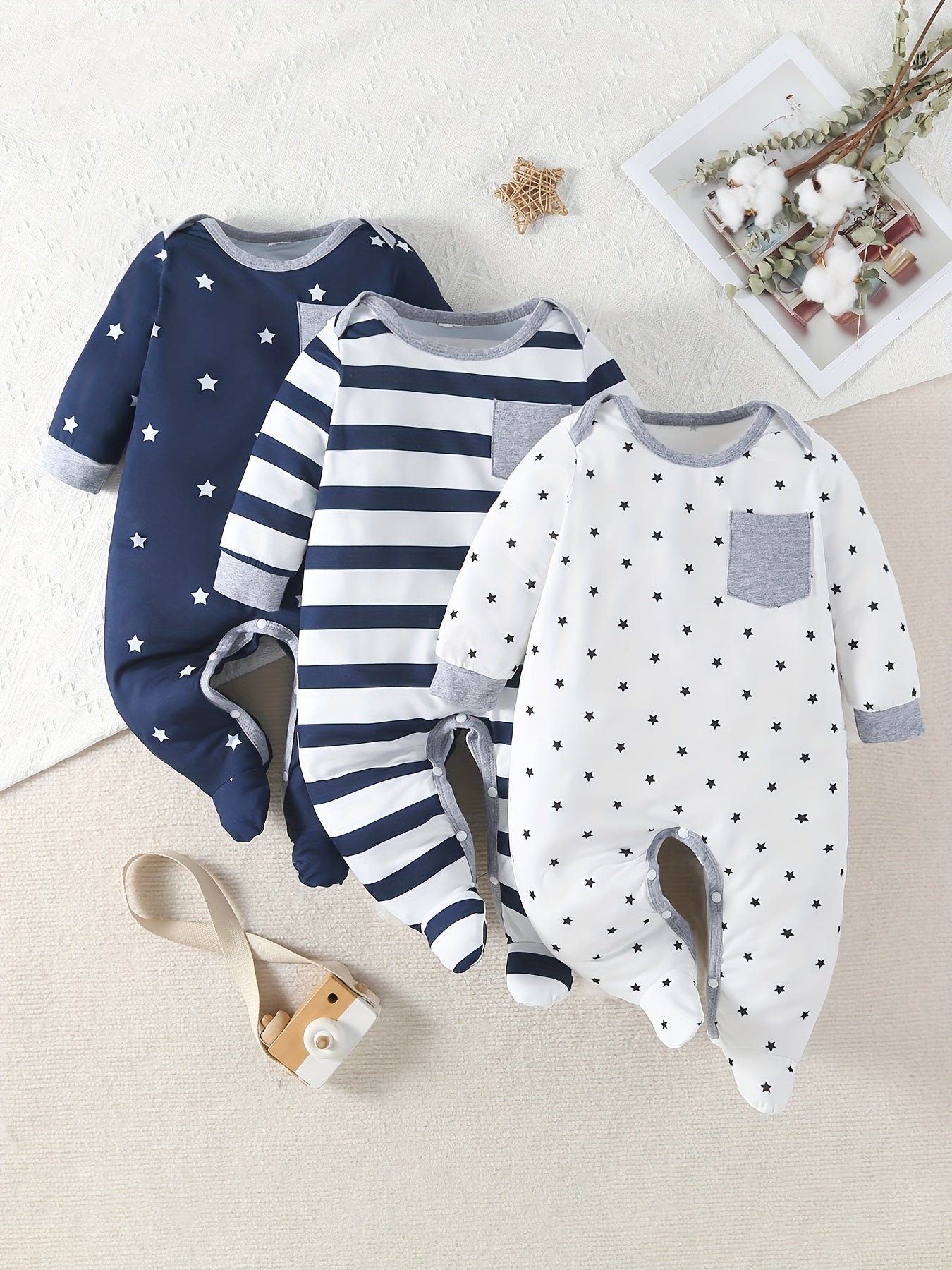 Baby Boys Star-Print Footed Bodysuit Set with Polka Dot Socks 0-3 Years