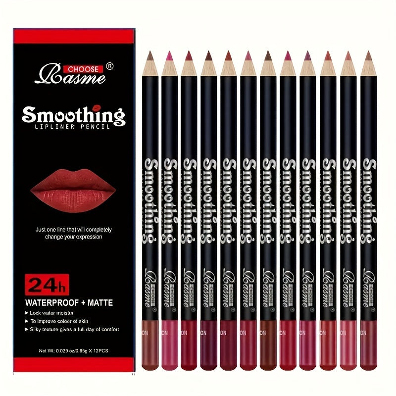 Set de 12 lápices de perfilador de labios mate en tonos mocha surtidos para contornear y definir los labios