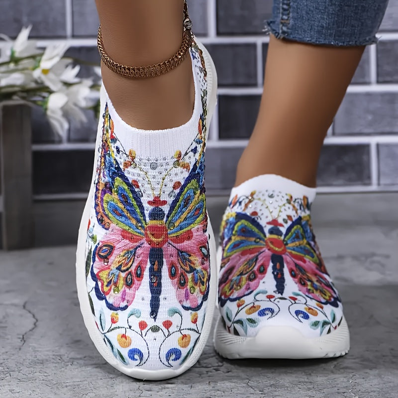 Plus-Size Women's Butterfly Slip-On Sneakers Lightweight Breathable Rhinestone