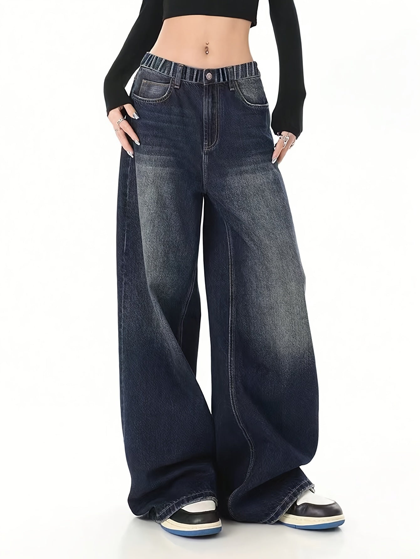 Teen Wide Leg Denim Jeans with Elastic Waist and Side Pockets for All Seasons