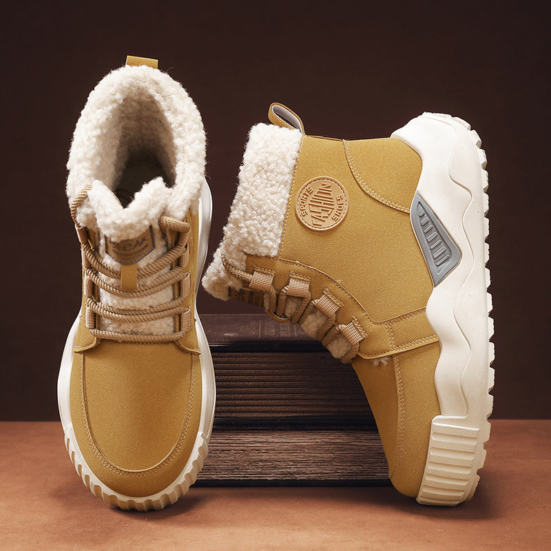 Women's Winter Snow Boots Beige Fleece-Lined Chunky Sole Waterproof