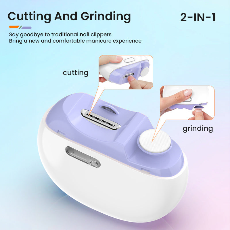 Ikkita tezlikni sozlash, LED chiroq va chang yig'uvchi bilan jihozlangan jim elektr tirnoq kesgichlari. Uyda va sayohatda foydalanish uchun mos, mukammal sovg'a tanlovi.