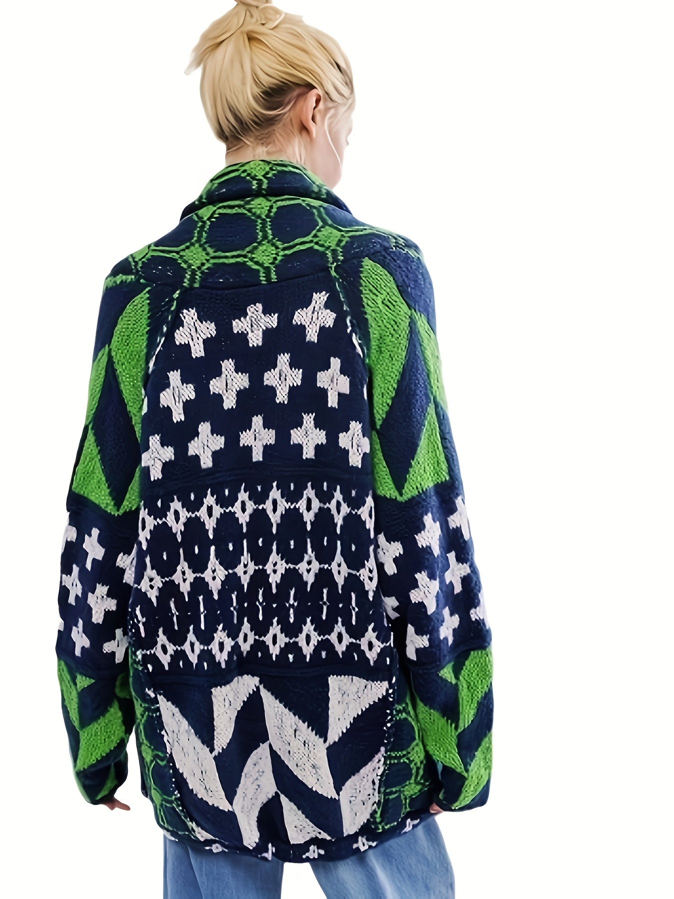 Plus Size Women's Geometric Pattern Cardigan Long Sleeve Open Front Fall Winter Layering