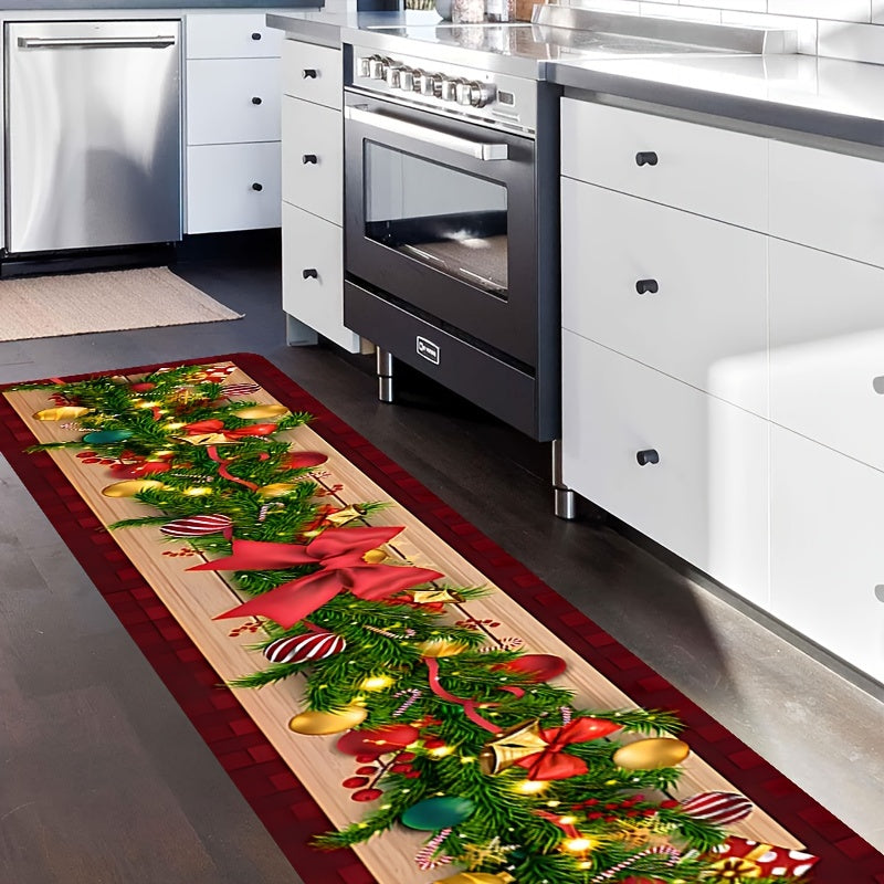Christmas Runner Rug Festive Tree Ornaments Non-Slip Stain Resistant Hallway Decor