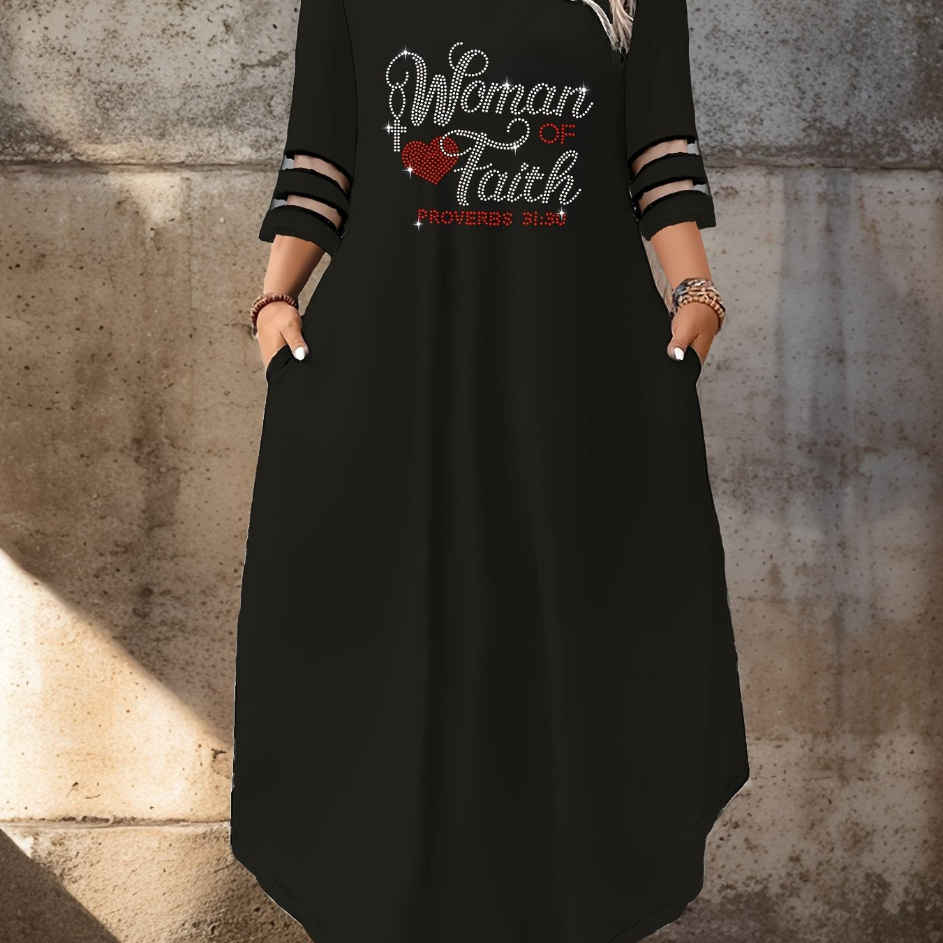 Women's Midi Dress with Rhinestone Slogan and Mesh Detail Polyester Blend Elegant Fitted Round Neck