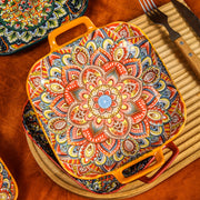 Square Ceramic Serving Tray with Floral Design and Double Handles