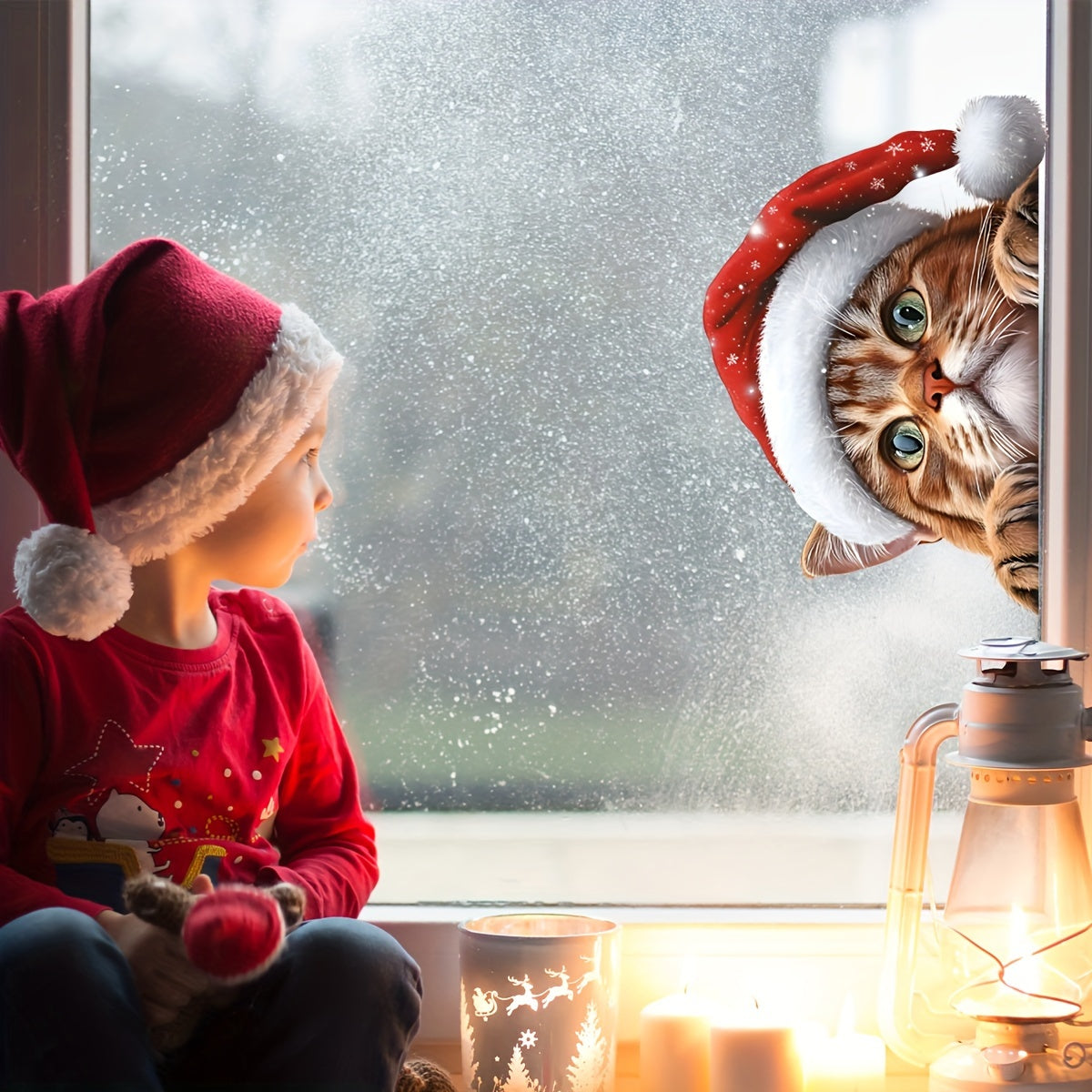 Cute Christmas Kitty Window Cling Double-Sided Reusable PVC Static Decal Holiday Decor